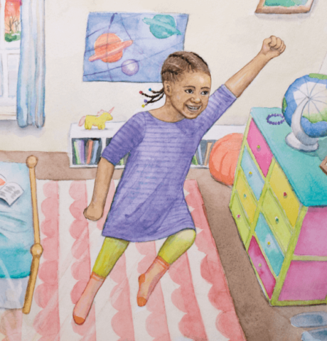 a watercolor illustration of a girl jumping off her bed in a super hero pose