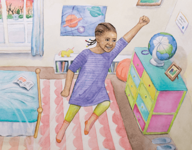 a watercolor illustration of a girl jumping off her bed in a super hero pose