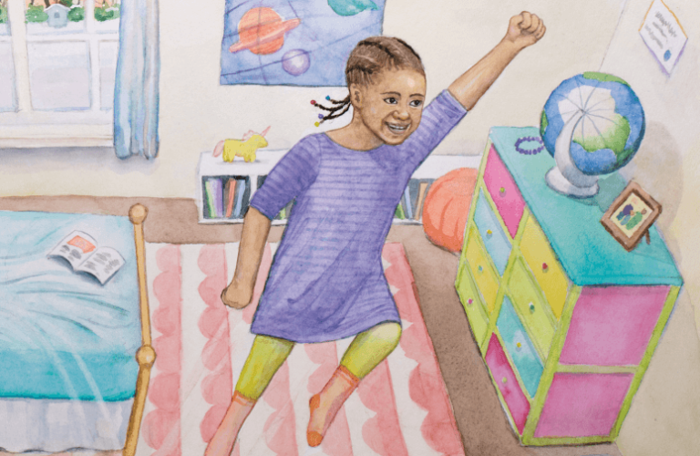 a watercolor illustration of a girl jumping off her bed in a super hero pose