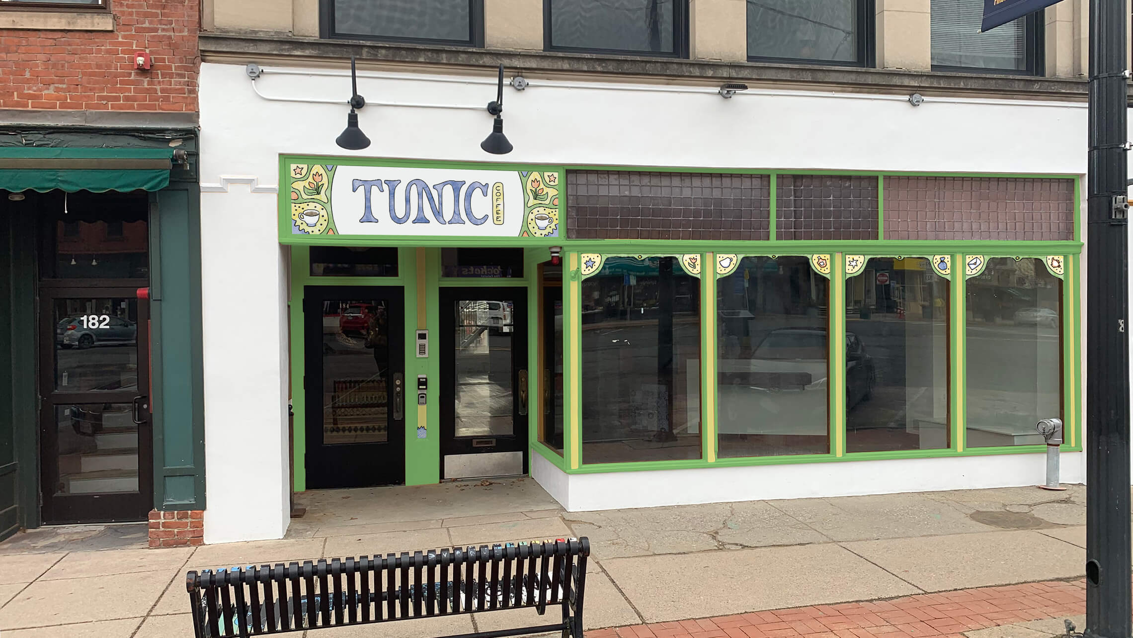 mockup of a storefront with green trim and playful illustrations on the sign and corners