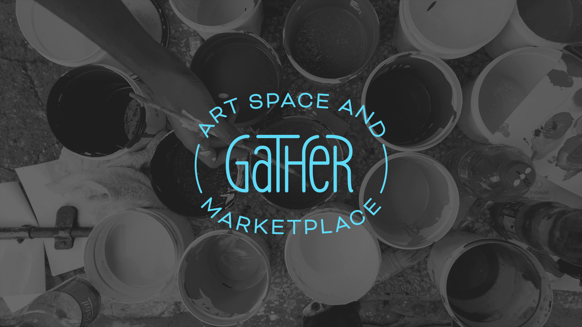 Gather's logo in blue on a background of paint containers