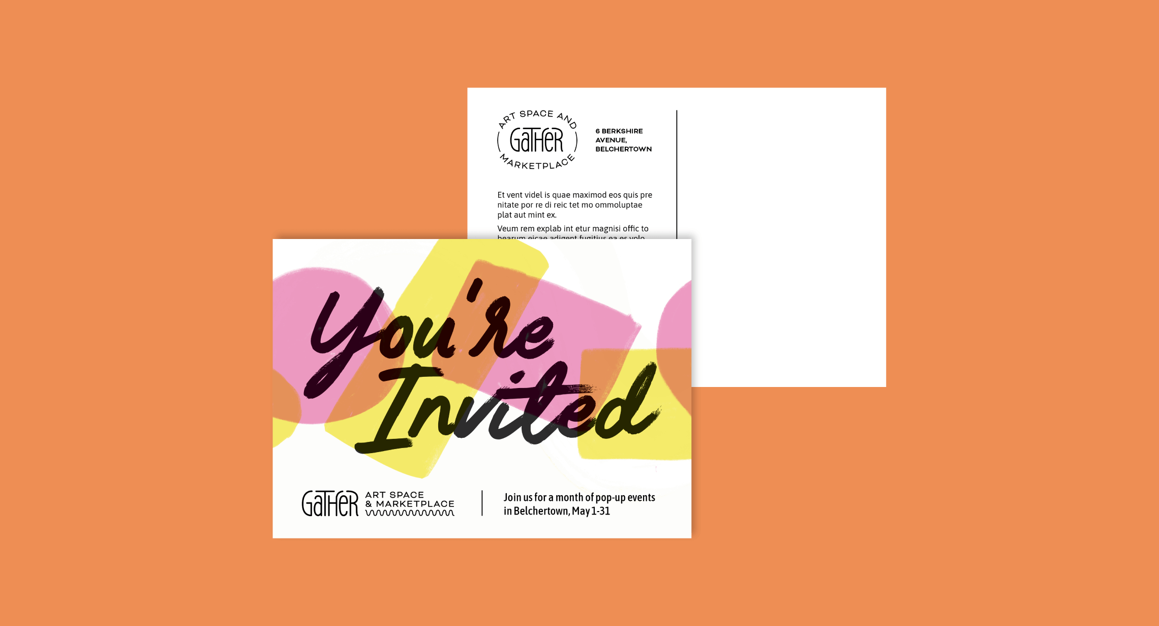 Colorful postcard with brush text and overlapping shapes