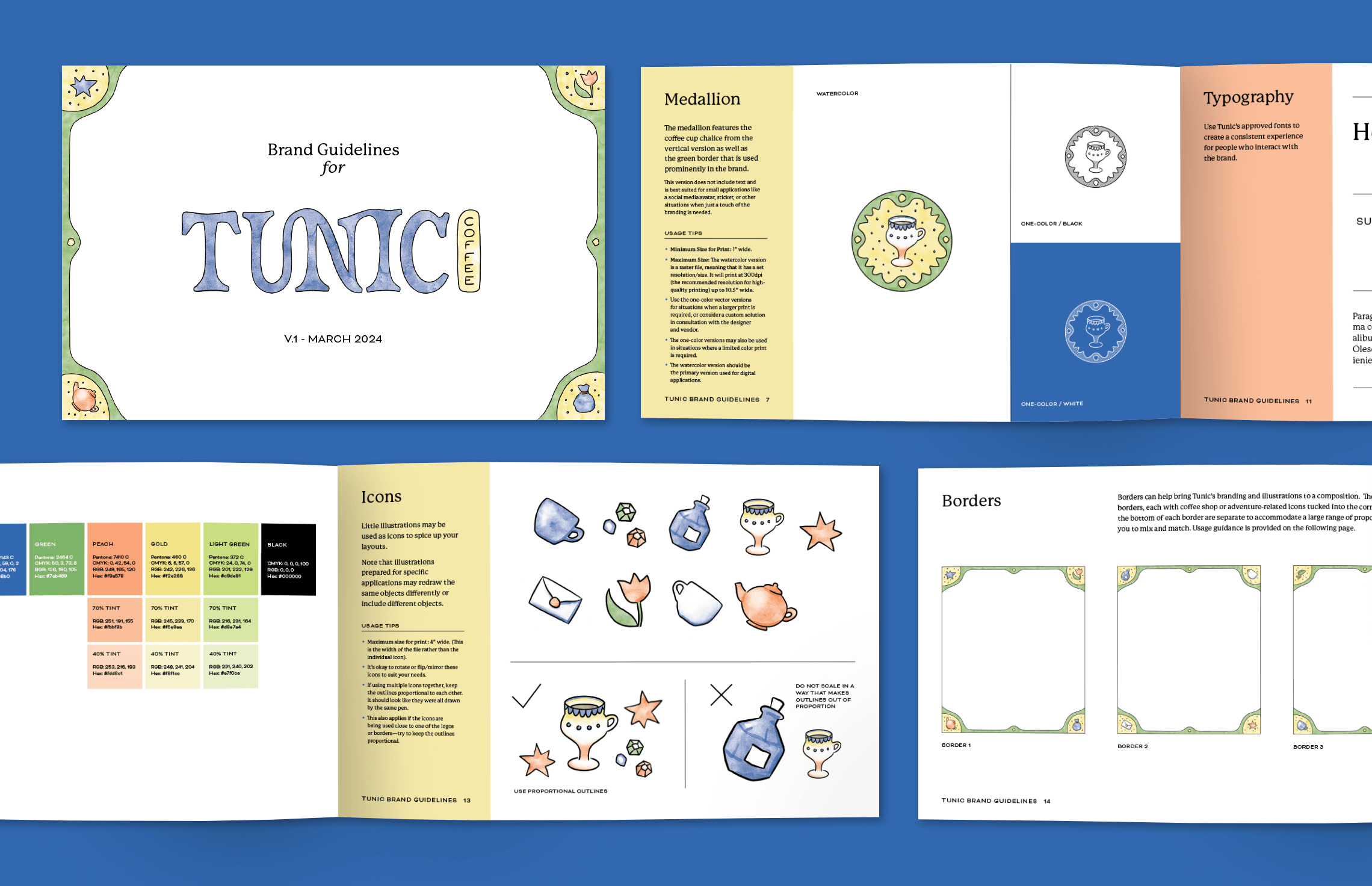 selected pages from the Tunic Coffee brand guidelines on a blue background