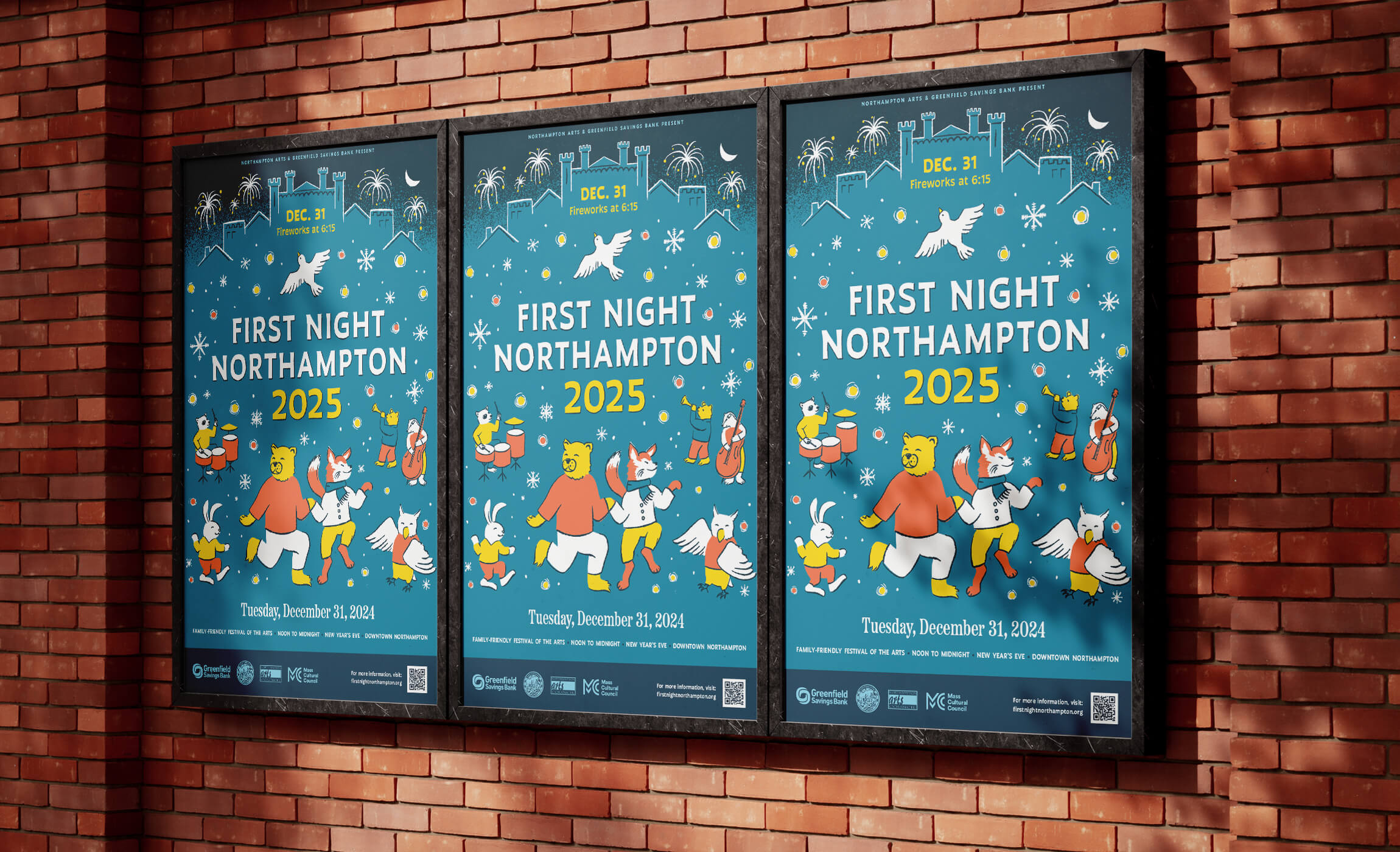 Three posters featuring dancing animals in a joyful festive scene