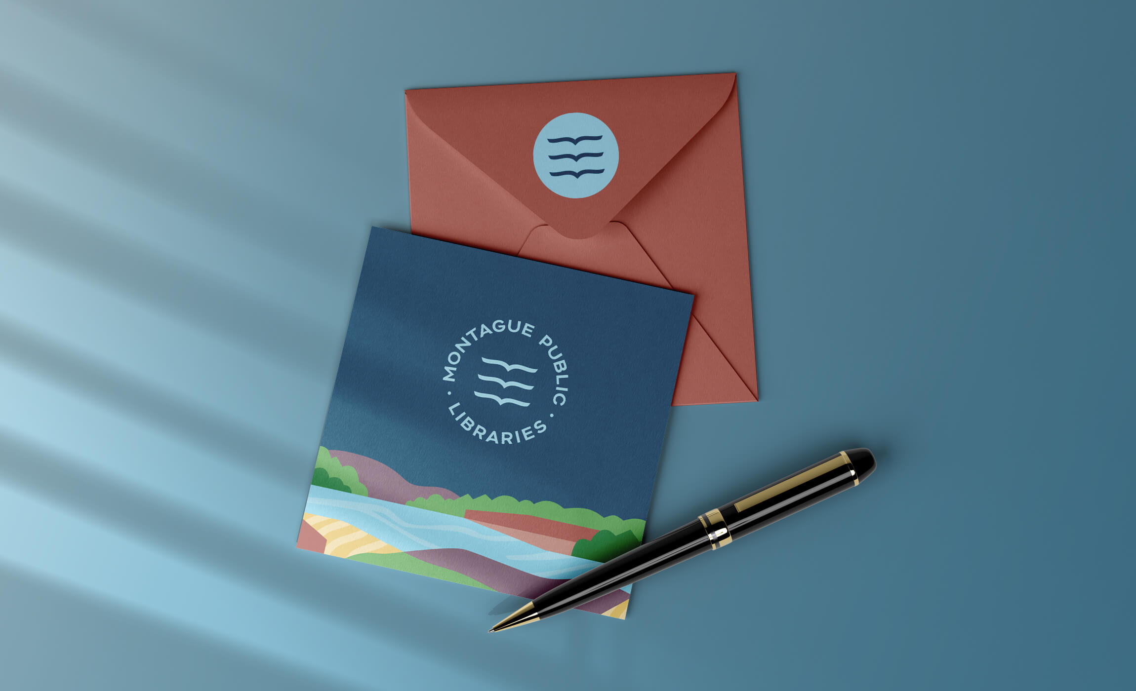 An invitation on a blue background featuring Montague Public Library's brand