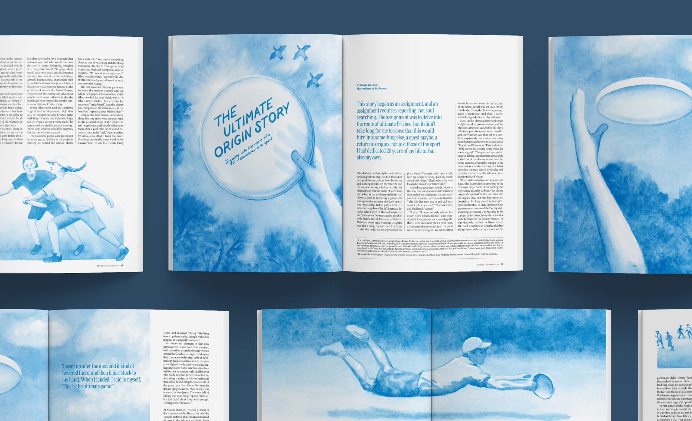 Open magazines on a blue background showing monochromatic blue illustrations of people playing ultimate frisbee
